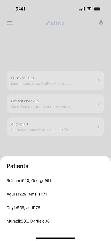 Patient selection screen